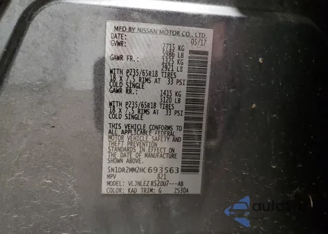 2017 Nissan Pathfinder S z USA, uszkodzony, nr VIN 5N1DR2MM2HC693563